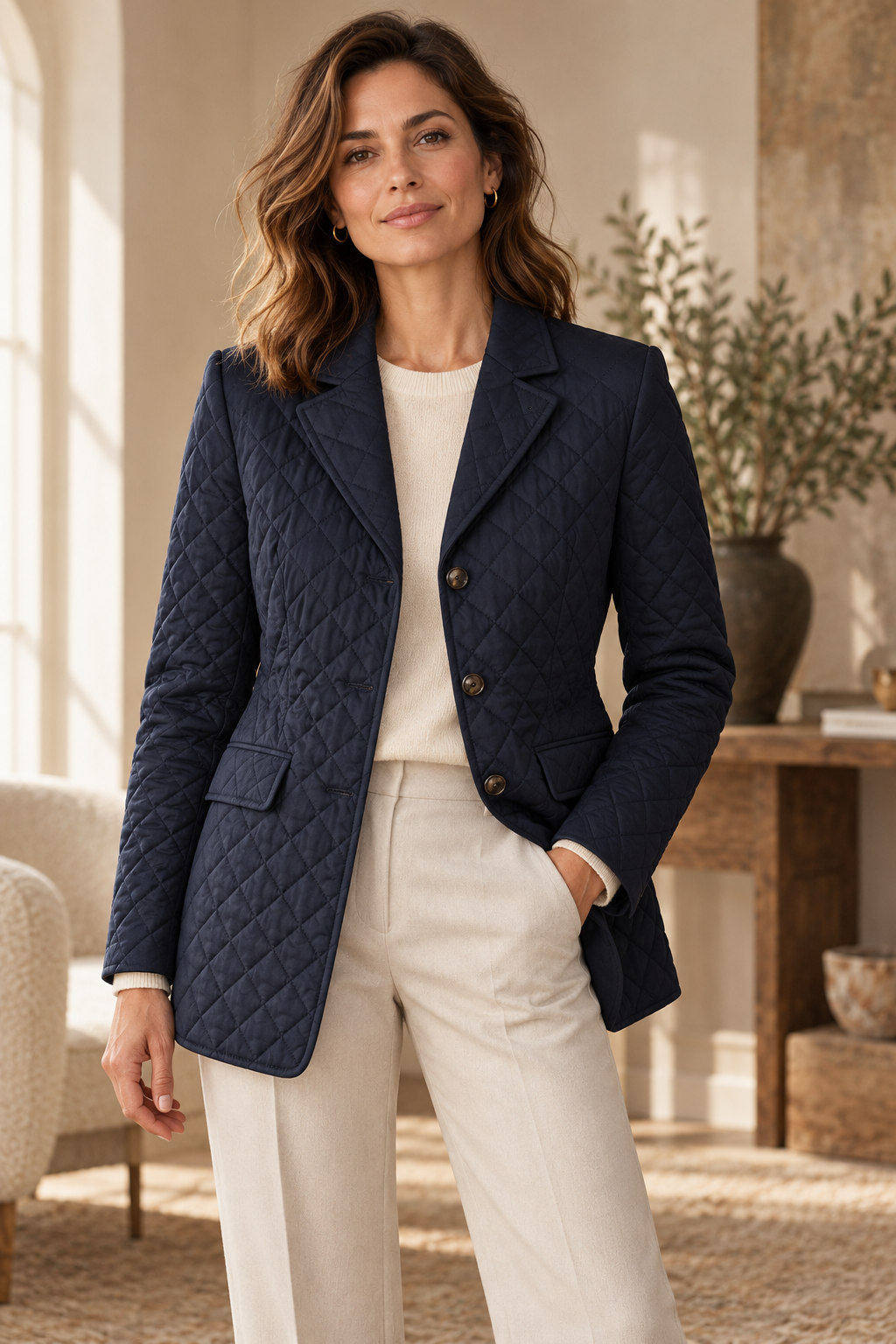Imagen conceptual de Blazer acolchado azul marino con solapas creada con IA; prenda pendiente de confirmar