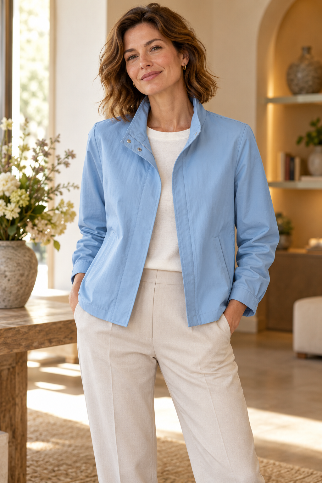 Imagen conceptual de Chaqueta ligera azul cielo creada con IA; diseño pendiente de confirmar.