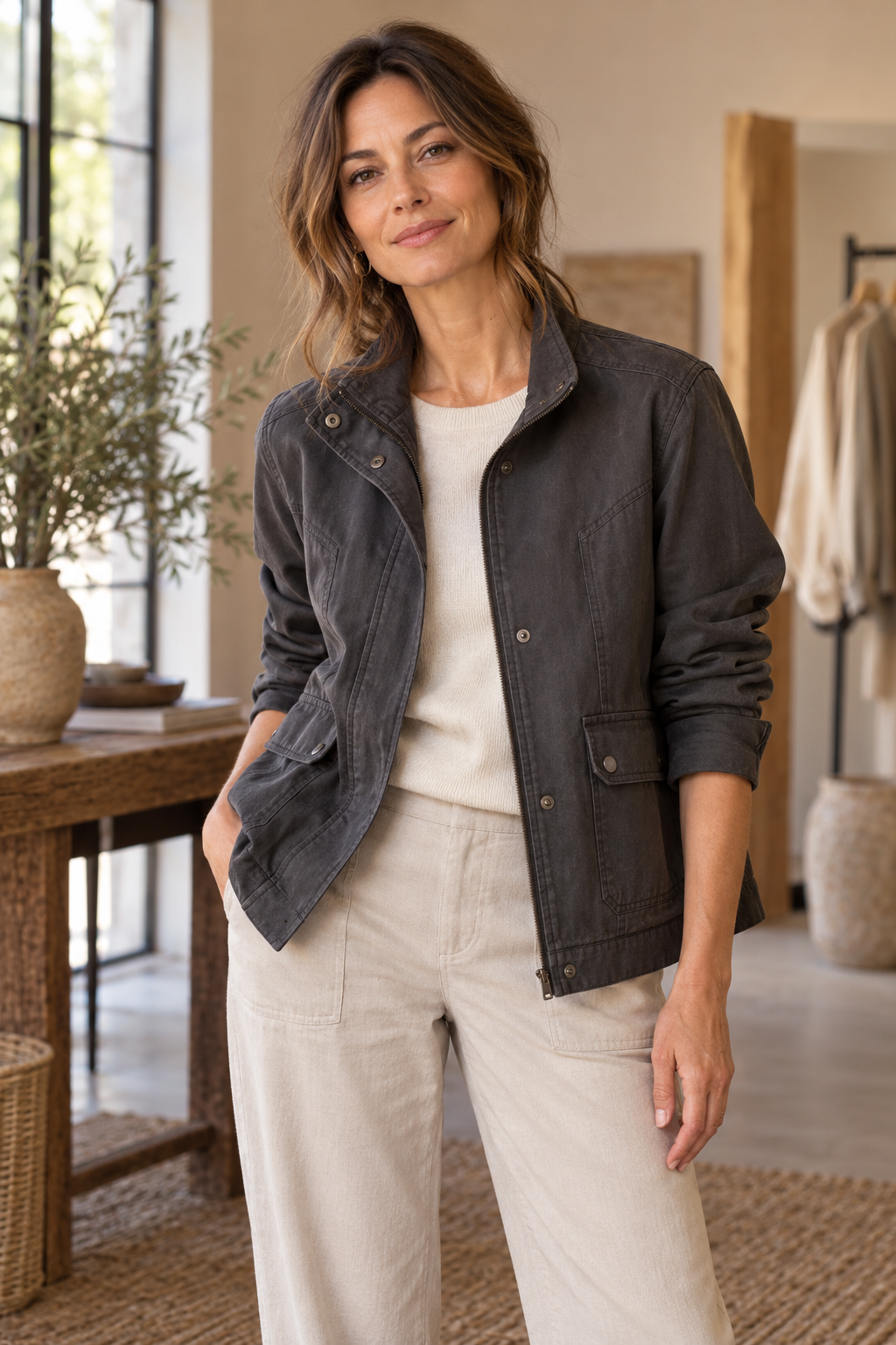 Imagen conceptual de Chaqueta informal gris carbón creada con IA; diseño pendiente de confirmar.