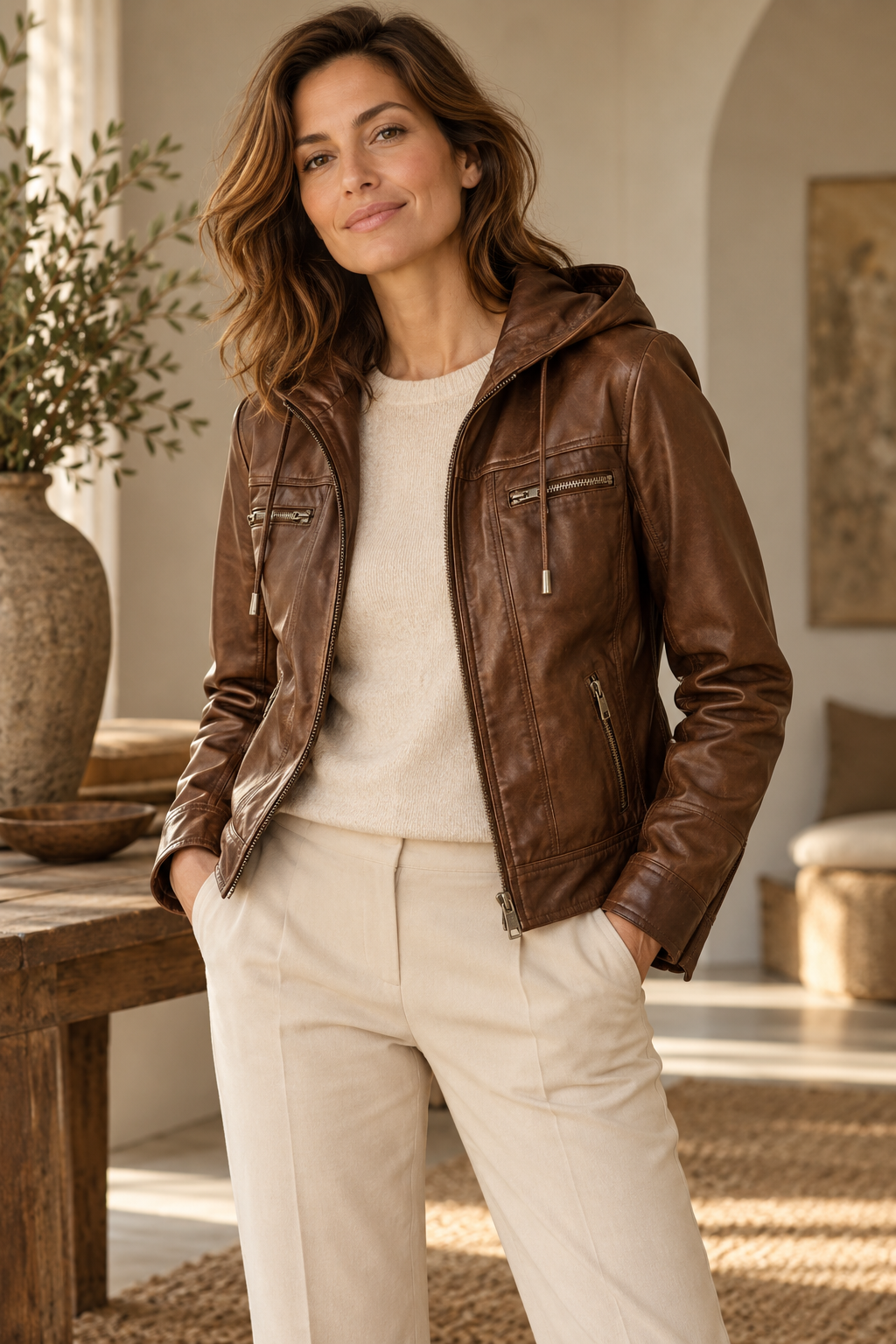 Imagen conceptual de Chaqueta marrón efecto piel con capucha y cremalleras creada con IA; diseño pendiente de confirmar.