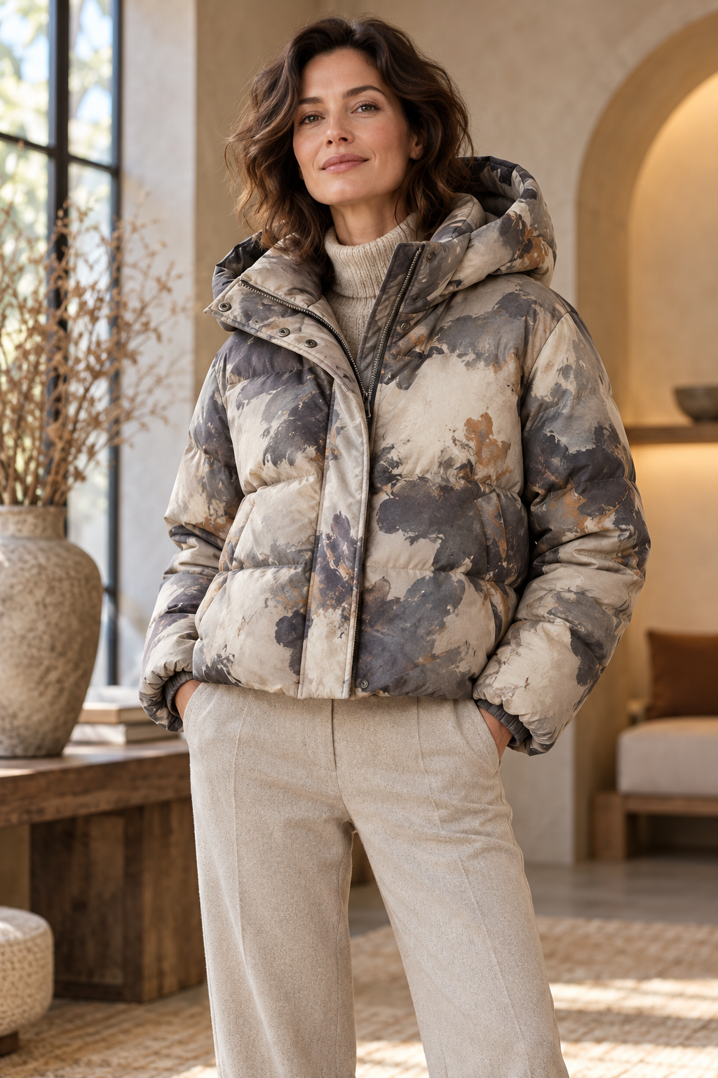 Imagen conceptual de Chaqueta acolchada de estampado abstracto creada con IA; diseño pendiente de confirmar.