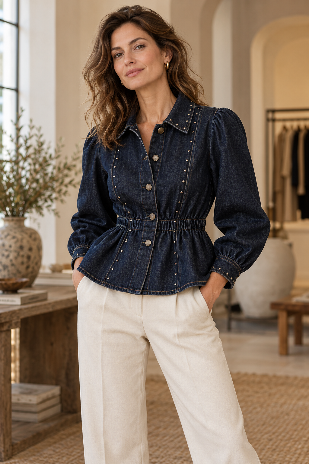 Imagen conceptual de Chaqueta denim con peplum y tachuelas creada con IA; diseño pendiente de confirmar.
