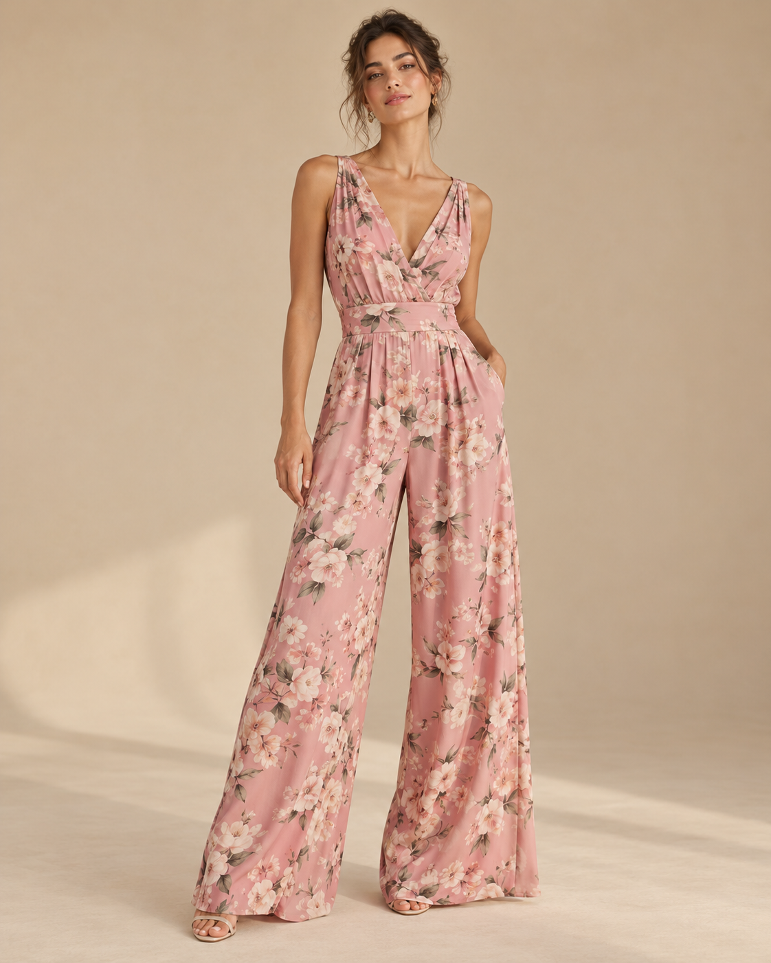 Imagen conceptual de Mono floral rosa de pernera ancha creada con IA; diseño pendiente de confirmar.