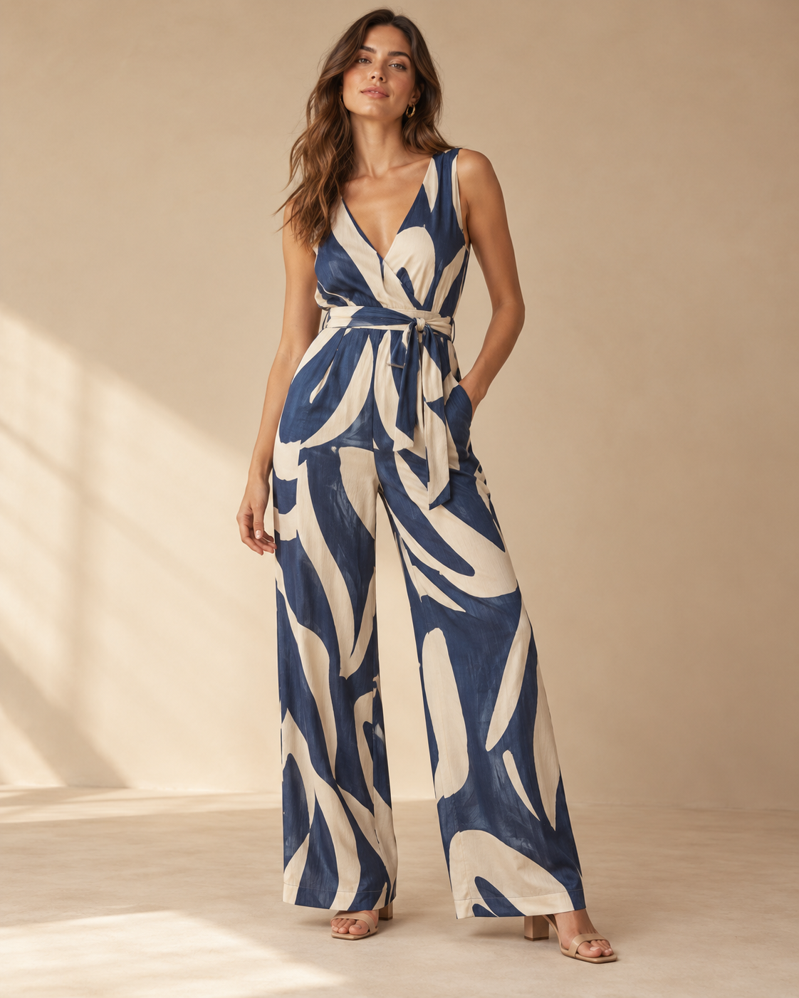 Imagen conceptual de Mono estampado azul y crema con cinturón creada con IA; diseño pendiente de confirmar.