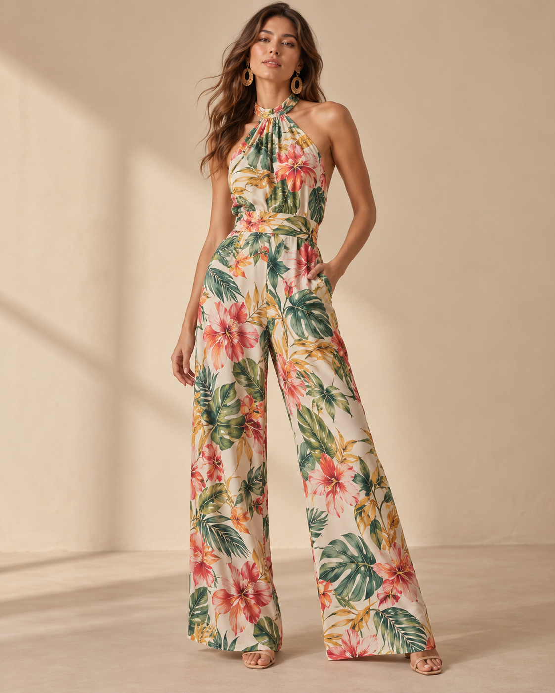 Imagen conceptual de Mono floral tropical de cuello halter creada con IA; diseño pendiente de confirmar.