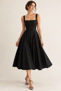 Imagen conceptual generada por IA de un vestido midi con escote cuadrado; no muestra el artículo definitivo