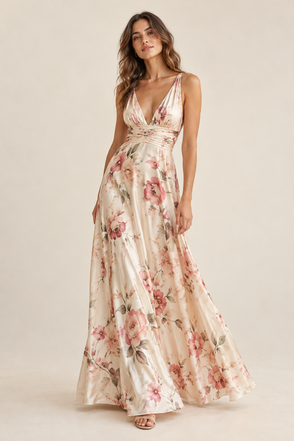 Imagen conceptual generada por IA de vestido largo de inspiración satinada con estampado floral y caída ligera; no representa el artículo definitivo