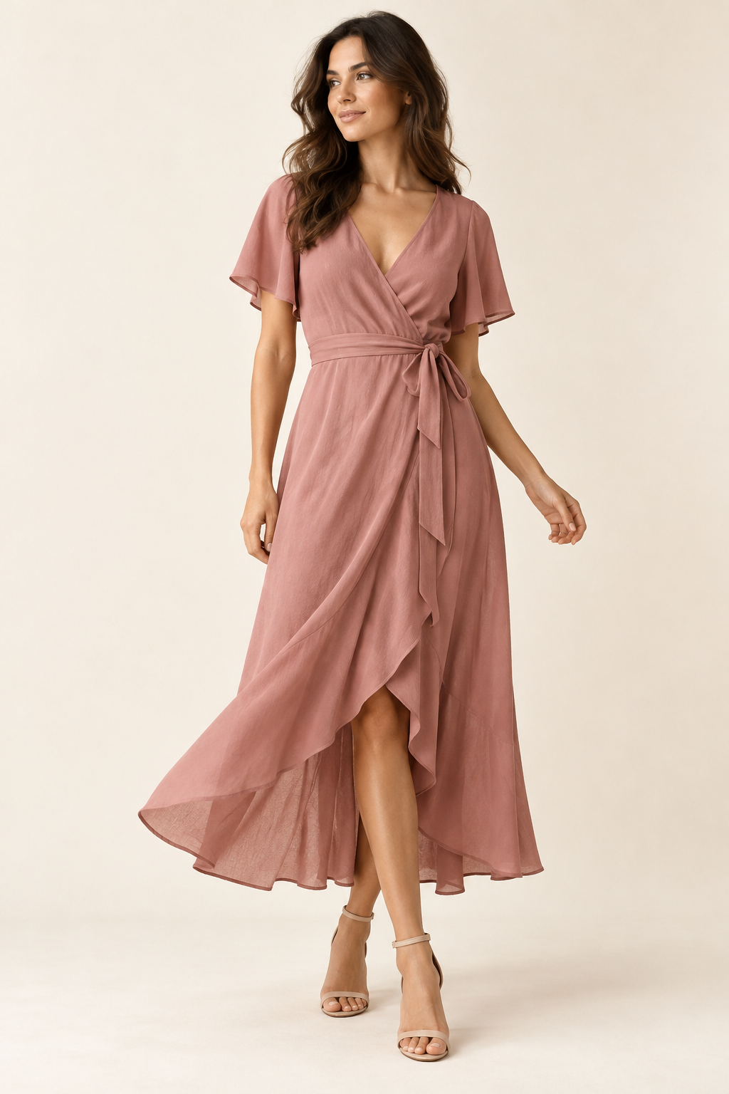 Imagen conceptual generada por IA de vestido elegante de corte cruzado con escote en V; no representa el artículo definitivo
