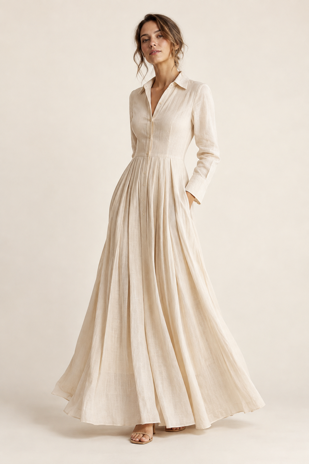 Imagen conceptual generada por IA de vestido camisero maxi de aire veraniego; no representa el artículo definitivo