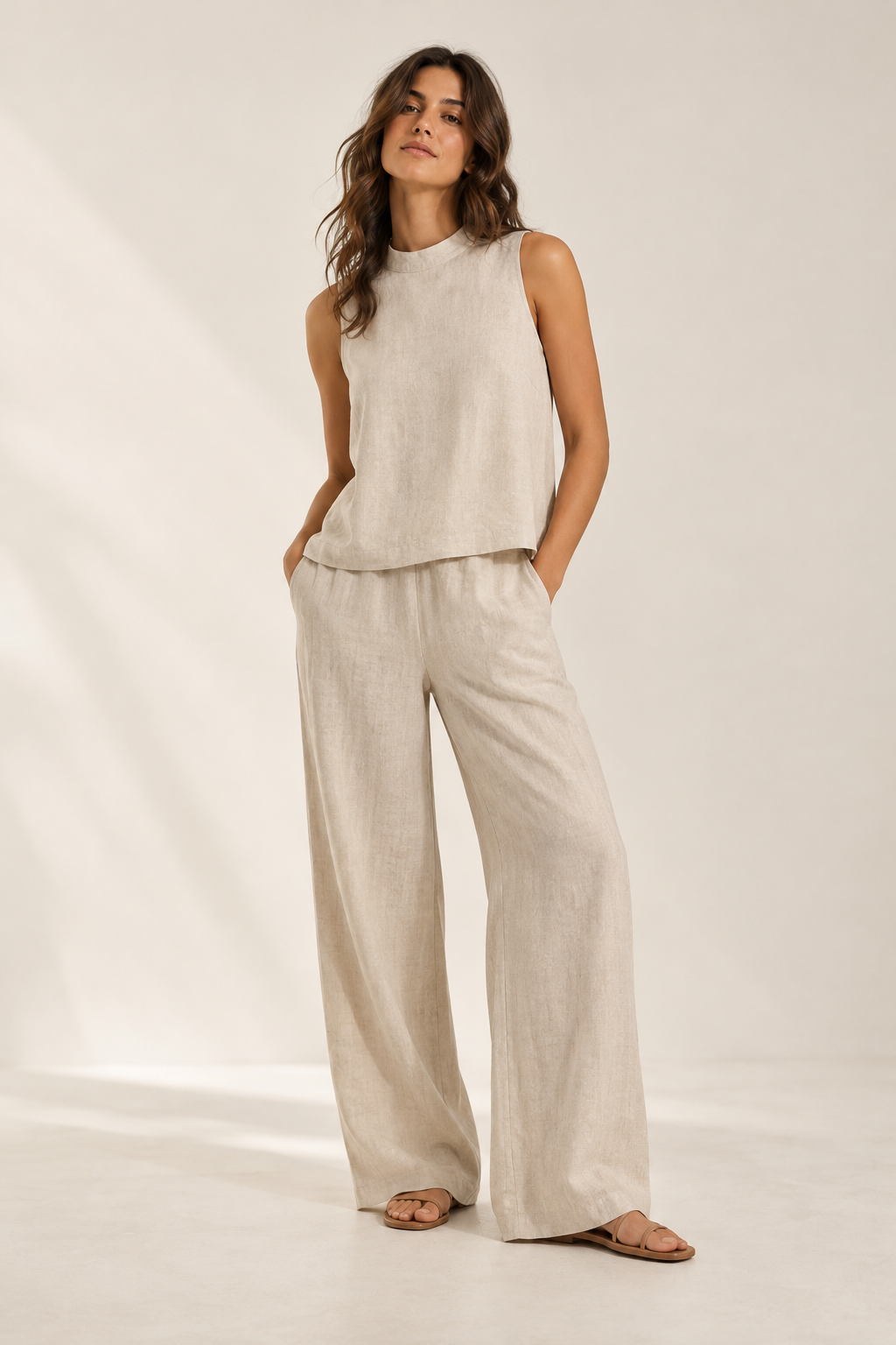Imagen conceptual generada por IA de conjunto minimalista de dos piezas con top sin mangas y pantalón amplio; no representa el artículo definitivo