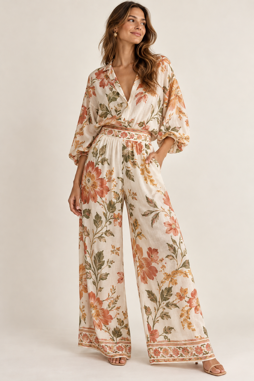 Imagen conceptual generada por IA de conjunto bohemio de dos piezas con estampado floral; no representa el artículo definitivo