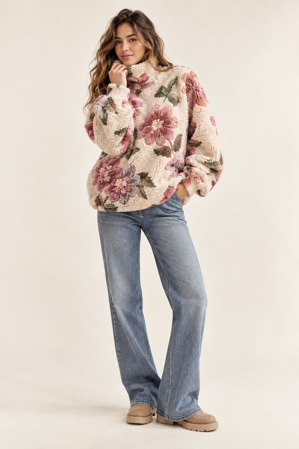 Imagen conceptual generada por IA de jersey de textura esponjosa con dibujo floral; no representa el artículo definitivo