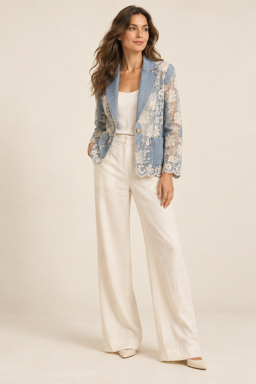 Imagen conceptual generada por IA de blazer vaquero claro con detalles florales de encaje; no representa el artículo definitivo