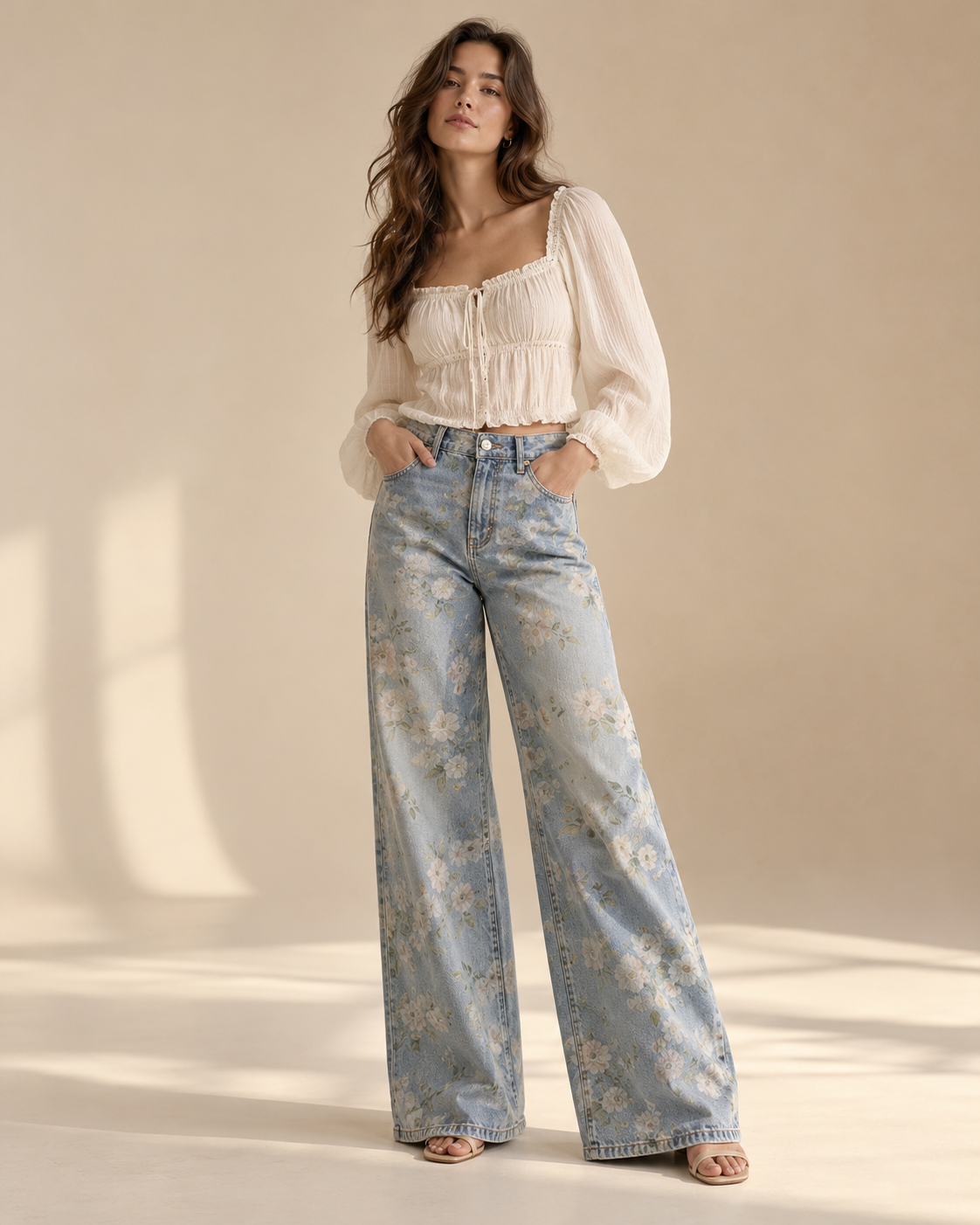 Imagen conceptual de Vaqueros anchos con estampado floral creada con IA; diseño pendiente de confirmar.