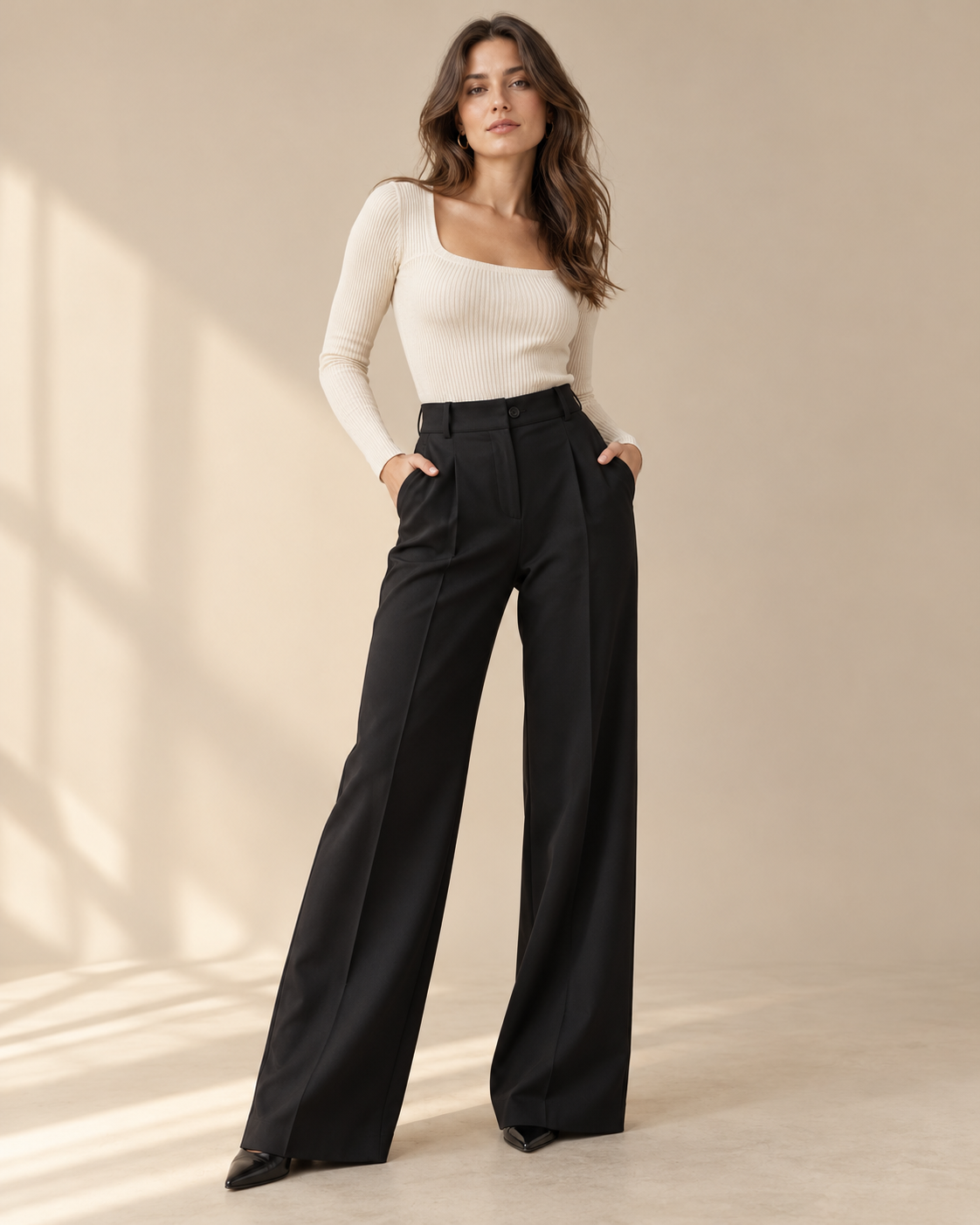 Imagen conceptual de Pantalón sastre negro de pierna ancha creada con IA; diseño pendiente de confirmar.